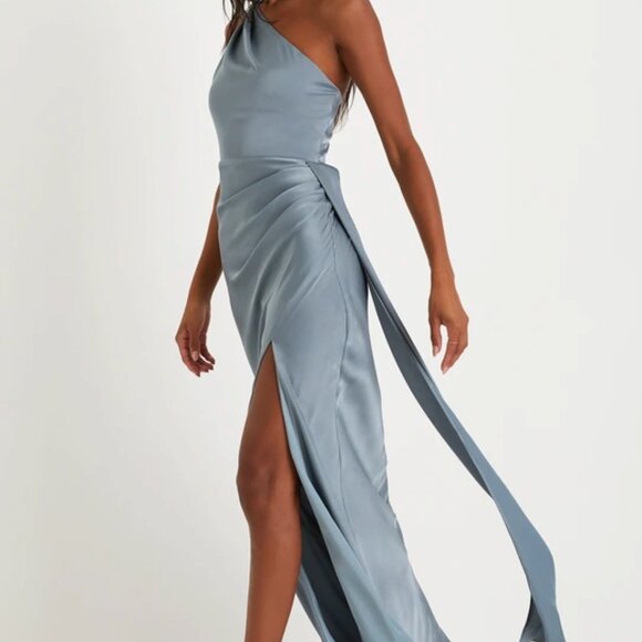 Lulus Signature Elegance Slate Blue Satin One-shoulder Maxi Dress - Size S - Picture 3 of 4